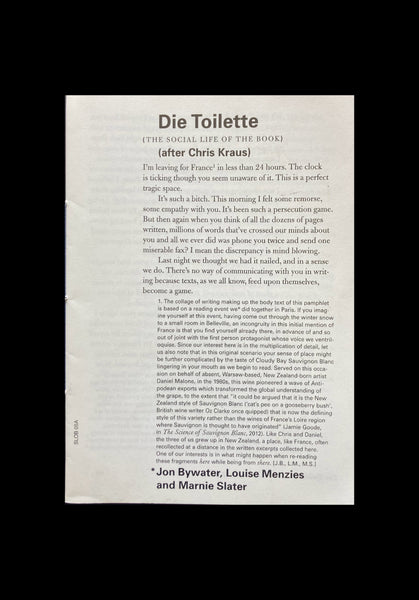 Jon Bywater, Louise Menzies and Marnie Slater, Die Toilette (The Social Life of the Book #5) (after Chris Kraus)  *Second-hand